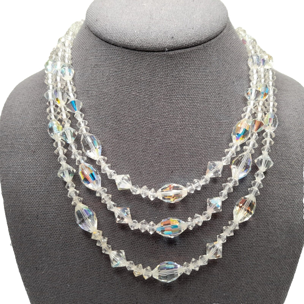Vintage AB Crystal Bead Necklace 3 Strand Aurora Borealis Wedding 18in